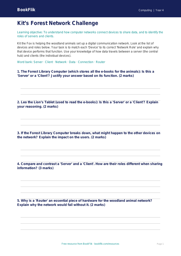 Free Networks Activity Sheet | Class 4 | Computing | BookFlik worksheet preview — Computing Networks