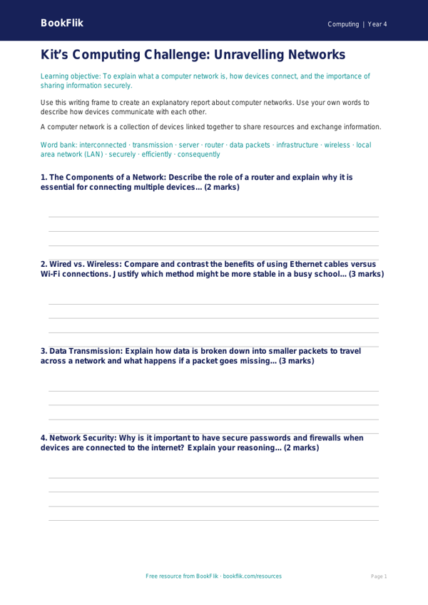 Networks Writing Frame | Class 4 Computing | BookFlik Resources worksheet preview — Computing Networks