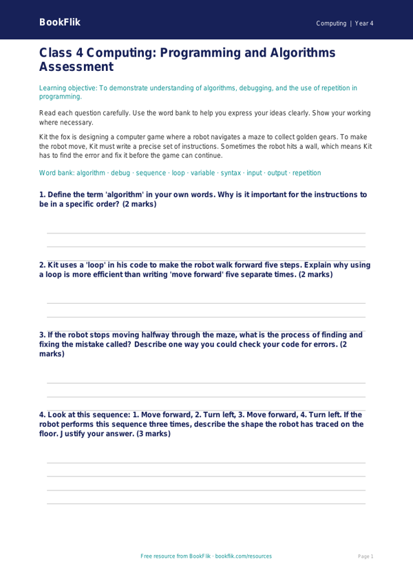 Programming Assessment for Class 4 | CBSE Computing | BookFlik worksheet preview — Computing Programming