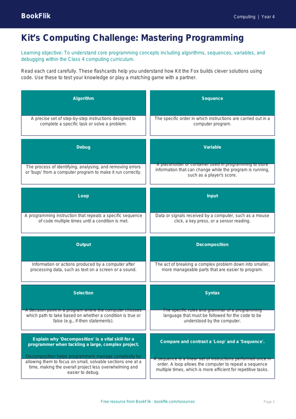 Programming Flashcards for Class 4 | CBSE Computing | BookFlik worksheet preview — Computing Programming