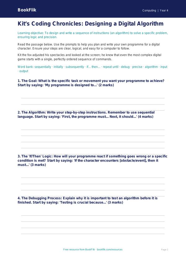 Free Programming Writing Frame | Class 4 | Computing | BookFlik worksheet preview — Computing Programming