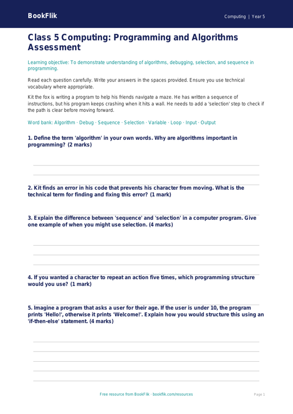 Class 5 Computing: Introduction to Programming Worksheet | BookFlik worksheet preview — Computing Programming