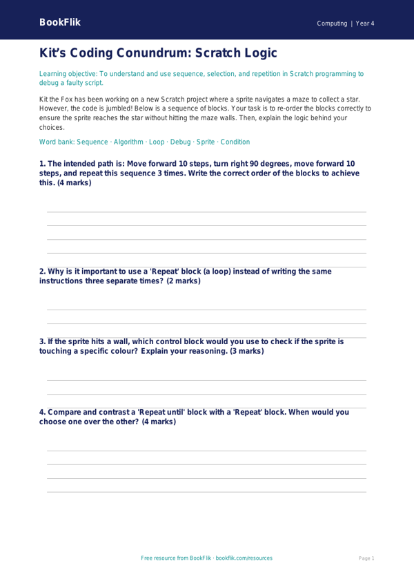 Free Scratch Activity Sheet | Class 4 | Computing | BookFlik worksheet preview — Computing Scratch
