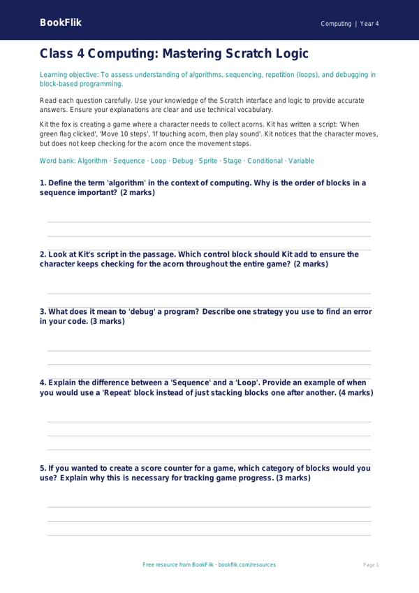 Free Scratch Assessment | Class 4 | Computing | BookFlik worksheet preview — Computing Scratch