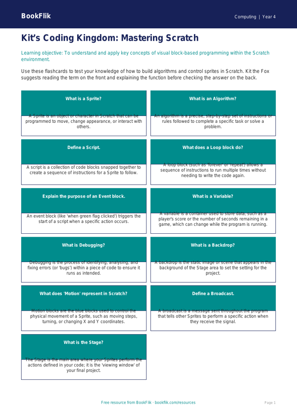 Free Scratch Flashcards | Class 4 | Computing | BookFlik worksheet preview — Computing Scratch