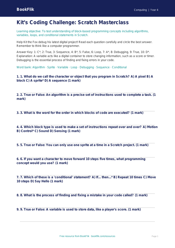 Free Scratch Quiz | Class 4 | Computing | BookFlik worksheet preview — Computing Scratch