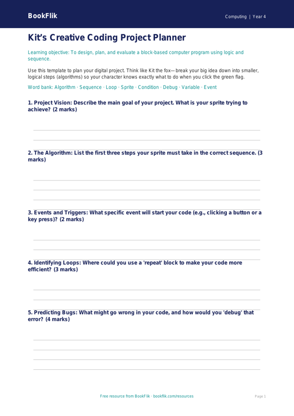 Scratch Programming Templates for Class 4 | CBSE Computing | BookFlik worksheet preview — Computing Scratch