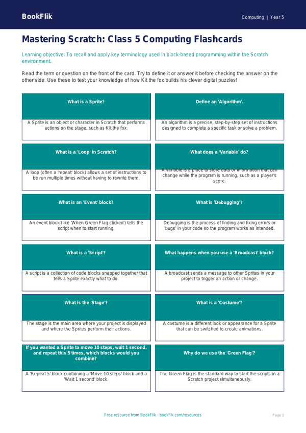Free Scratch Flashcards | Class 5 | Computing | BookFlik worksheet preview — Computing Scratch