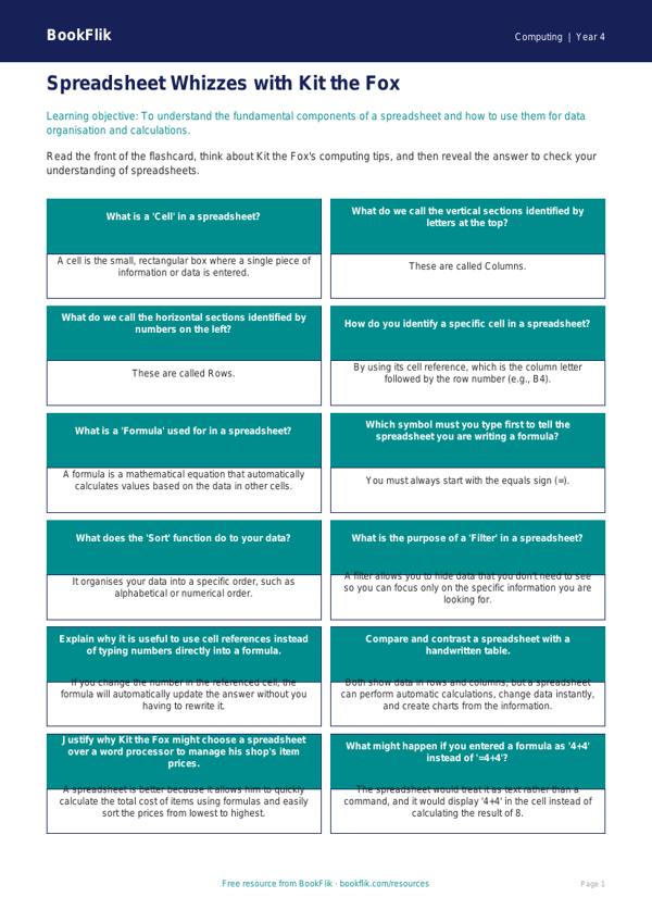 Free Spreadsheets Flashcards | Class 4 | Computing | BookFlik worksheet preview — Computing Spreadsheets