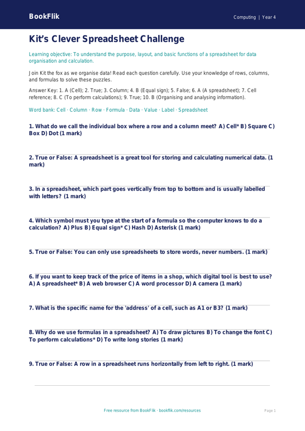 Class 4 Computing: Spreadsheets Quiz & Challenges | CBSE Curriculum worksheet preview — Computing Spreadsheets