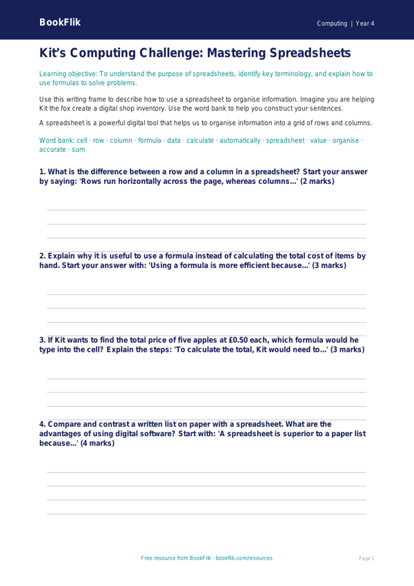 Free Spreadsheets Writing Frame | Class 4 | Computing | BookFlik worksheet preview — Computing Spreadsheets