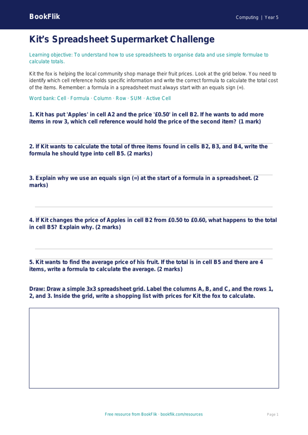 Free Spreadsheets Activity Sheet | Class 5 | Computing | BookFlik worksheet preview — Computing Spreadsheets