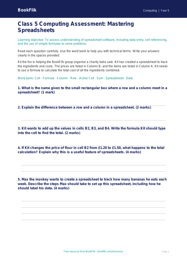 Free Spreadsheets Assessment | Class 5 | Computing | BookFlik worksheet preview — Computing Spreadsheets