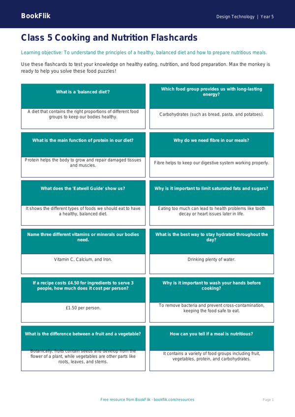 Free Cooking Nutrition Flashcards | Class 5 | Design Technology | BookFlik worksheet preview — Design-Technology Cooking Nutrition