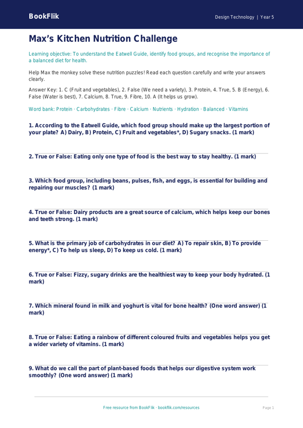 Free Cooking Nutrition Quiz | Class 5 | Design Technology | BookFlik worksheet preview — Design-Technology Cooking Nutrition
