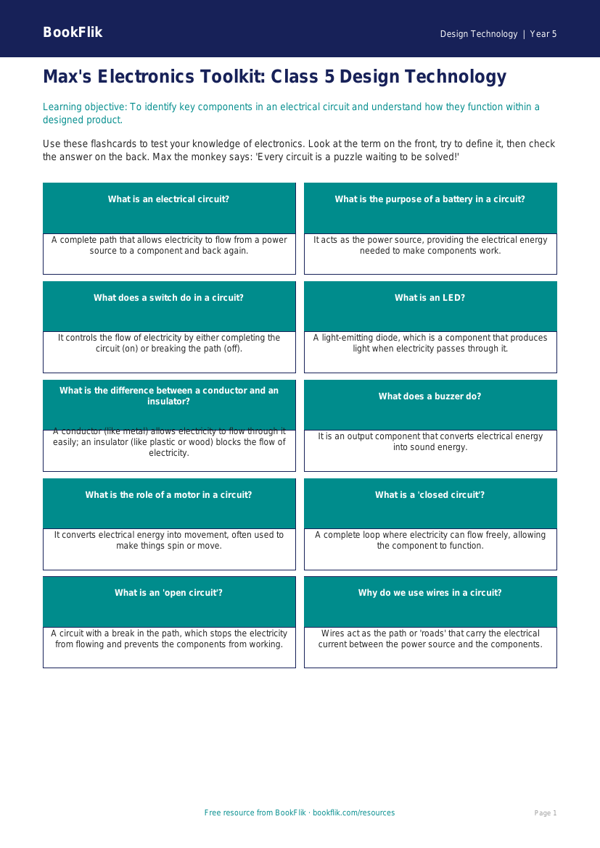Electronics Flashcards for Class 5 CBSE | Design Technology | BookFlik worksheet preview — Design-Technology Electronics