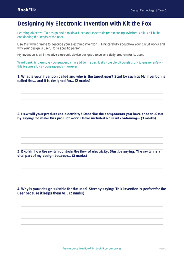Electronics Writing Frame | Class 5 Design Technology | BookFlik worksheet preview — Design-Technology Electronics