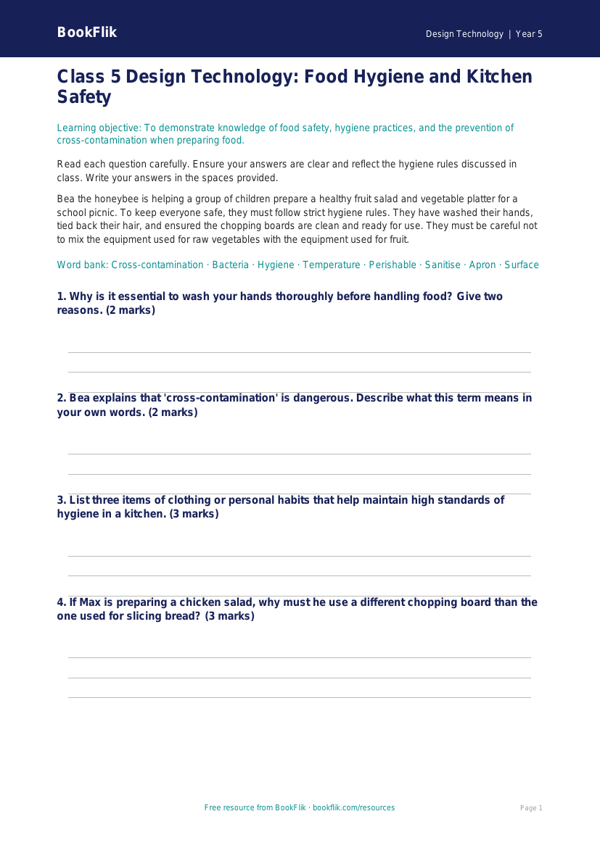 Food Hygiene Assessment for Class 5 | CBSE Design Technology | BookFlik worksheet preview — Design-Technology Food Hygiene