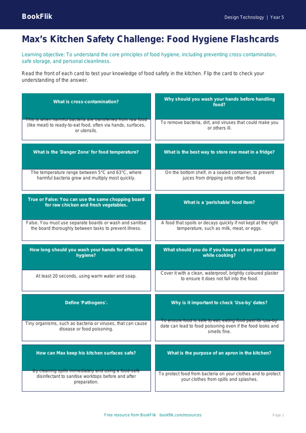 Free Food Hygiene Flashcards | Class 5 | Design Technology | BookFlik worksheet preview — Design-Technology Food Hygiene