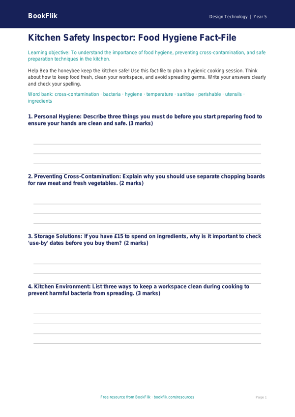 Food Hygiene Template for Class 5 | CBSE Design Technology | BookFlik worksheet preview — Design-Technology Food Hygiene
