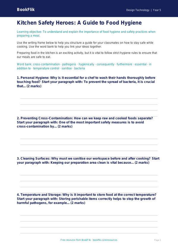 Free Food Hygiene Writing Frame | Class 5 | Design Technology | BookFlik worksheet preview — Design-Technology Food Hygiene