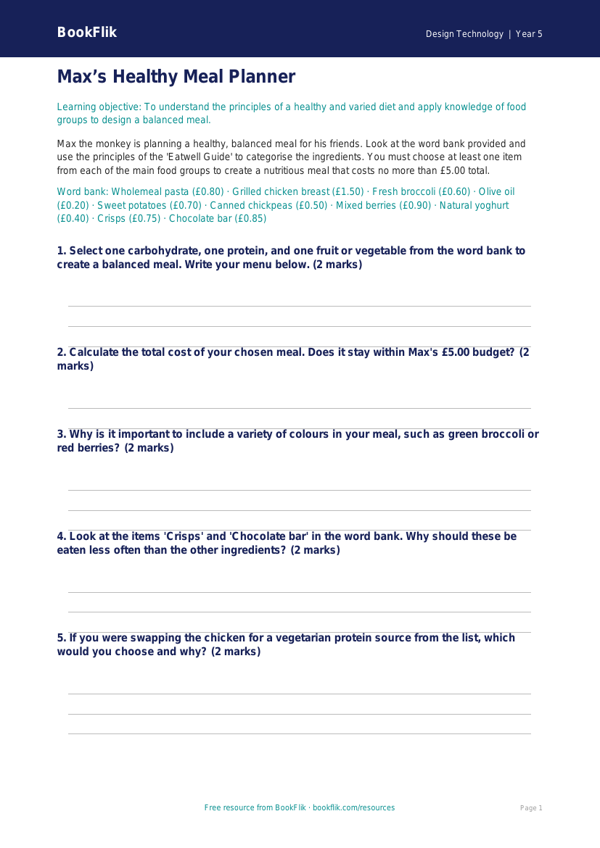 Free Healthy Meals Activity Sheet | Class 5 | Design Technology | BookFlik worksheet preview — Design-Technology Healthy Meals