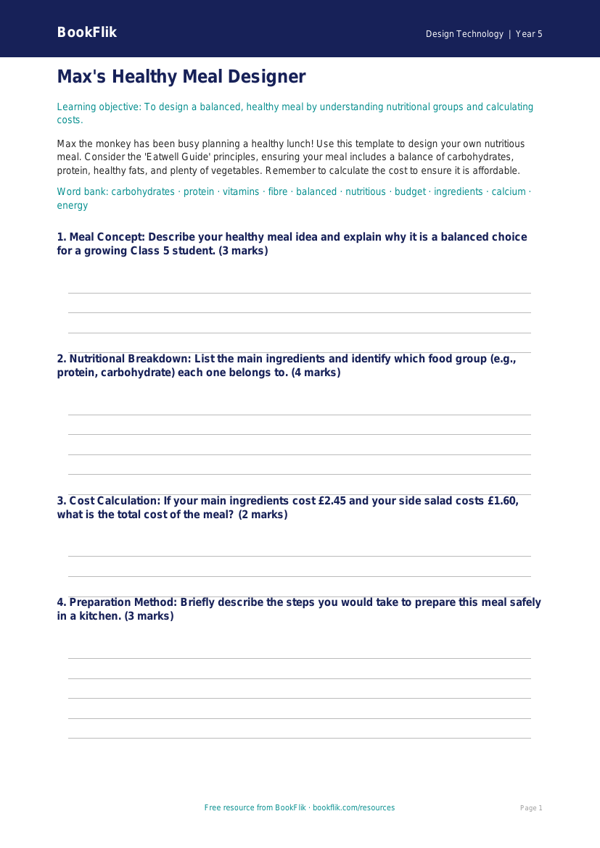 Free Healthy Meals Template | Class 5 | Design Technology | BookFlik worksheet preview — Design-Technology Healthy Meals