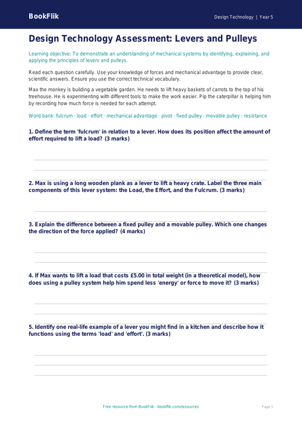 Free Levers And Pulleys Assessment | Class 5 | Design Technology | BookFlik worksheet preview — Design-Technology Levers And Pulleys