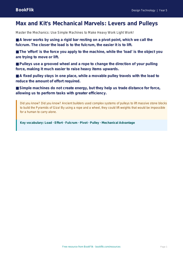Free Levers And Pulleys Poster | Class 5 | Design Technology | BookFlik worksheet preview — Design-Technology Levers And Pulleys