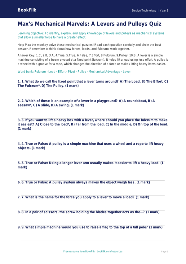 Free Levers And Pulleys Quiz | Class 5 | Design Technology | BookFlik worksheet preview — Design-Technology Levers And Pulleys