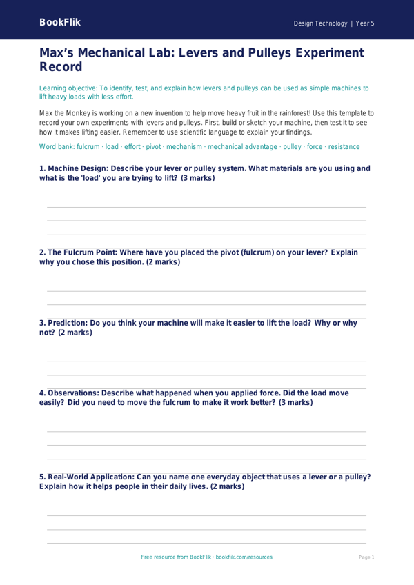 Free Levers And Pulleys Template | Class 5 | Design Technology | BookFlik worksheet preview — Design-Technology Levers And Pulleys