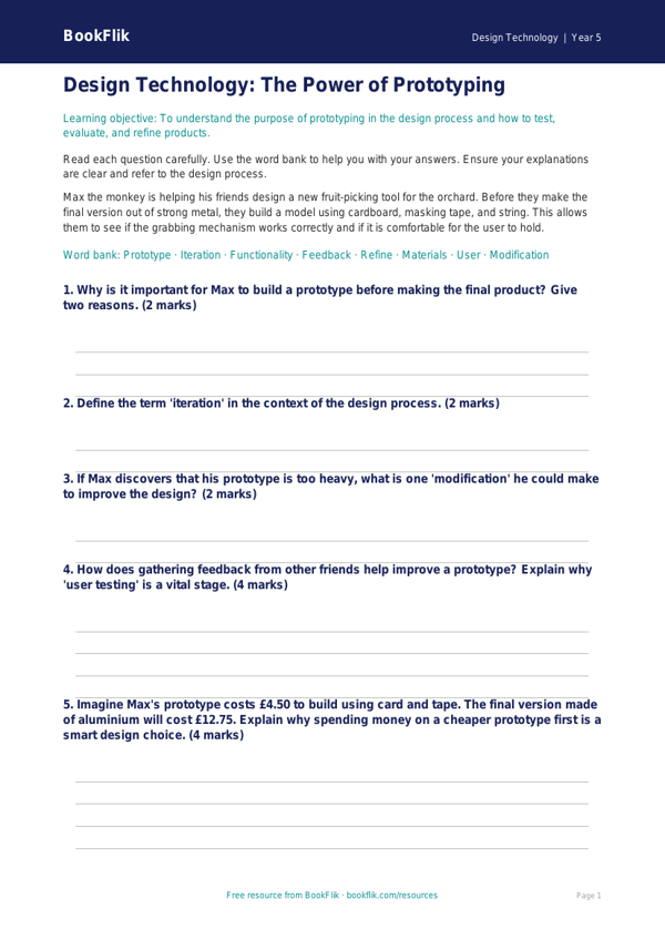 Prototyping Assessment for Class 5 | CBSE Design Technology Worksheet worksheet preview — Design-Technology Prototyping