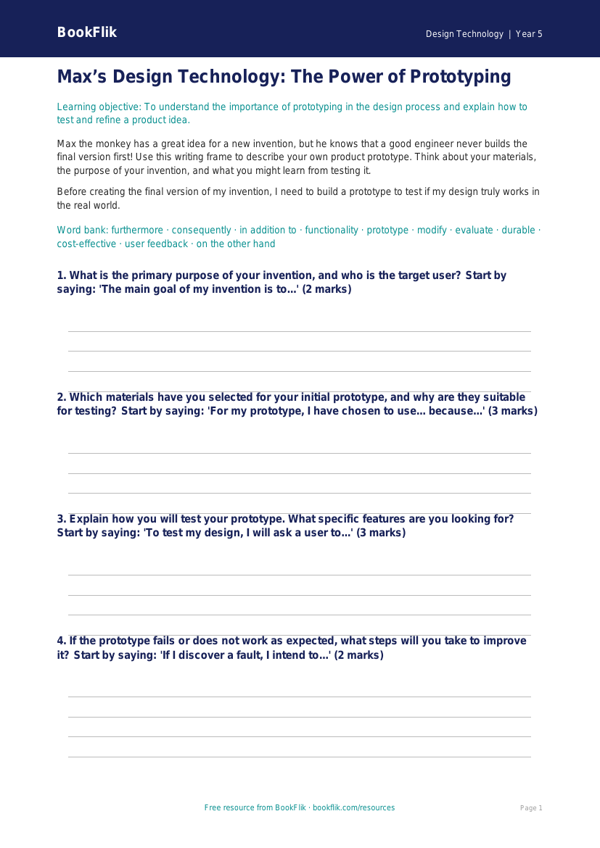 Prototyping Writing Frame for Class 5 | CBSE Design Technology | BookFlik worksheet preview — Design-Technology Prototyping