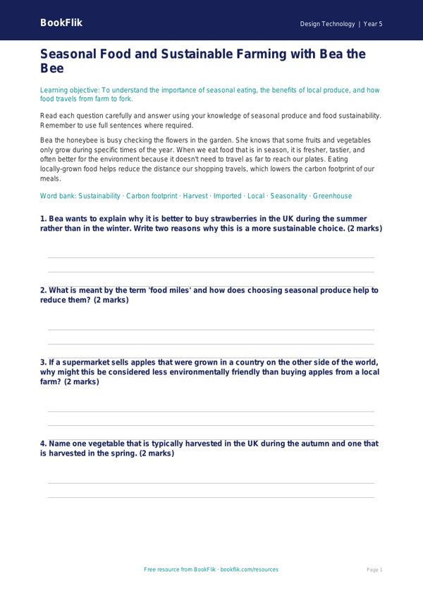 Free Seasonal Food Worksheet | Class 5 | Design Technology | BookFlik worksheet preview — Design-Technology Seasonal Food