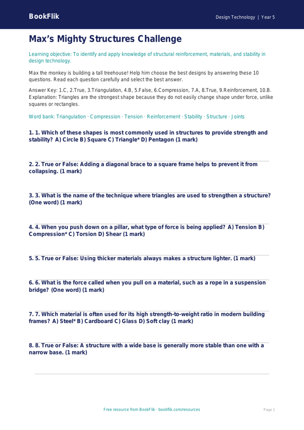 Free Structures Quiz | Class 5 | Design Technology | BookFlik worksheet preview — Design-Technology Structures