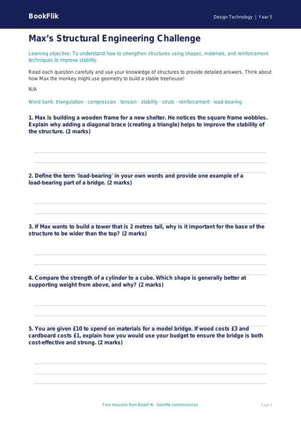 Free Structures Worksheet | Class 5 | Design Technology | BookFlik worksheet preview — Design-Technology Structures