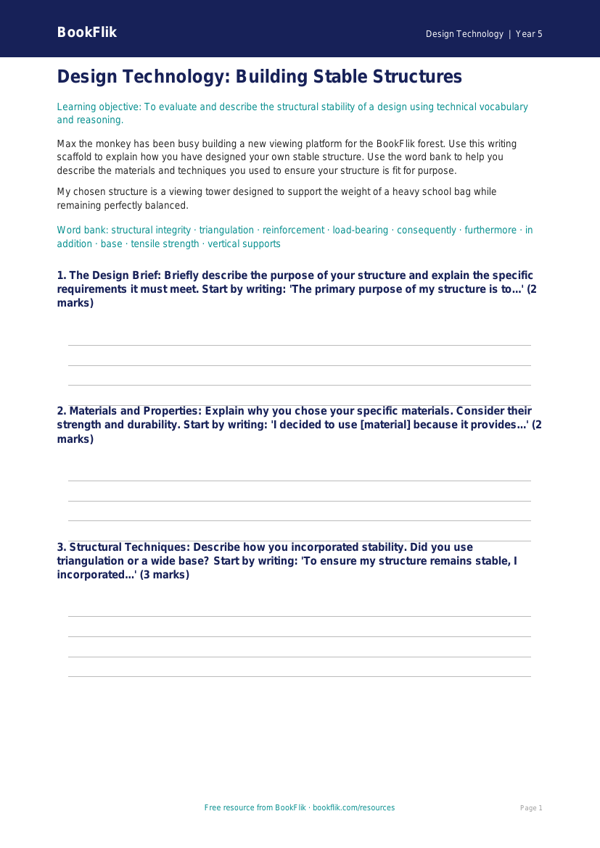 Free Structures Writing Frame | Class 5 | Design Technology | BookFlik worksheet preview — Design-Technology Structures