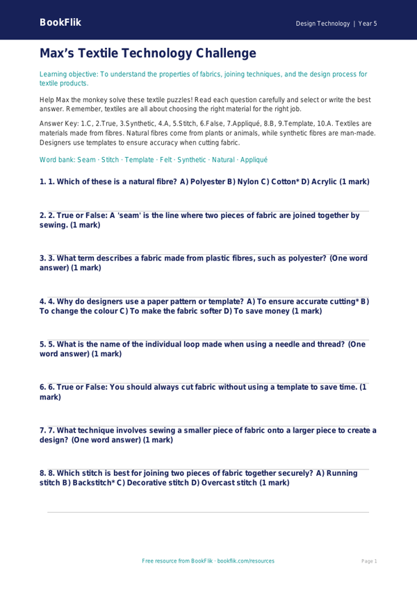 Free Textiles Quiz | Class 5 | Design Technology | BookFlik worksheet preview — Design-Technology Textiles