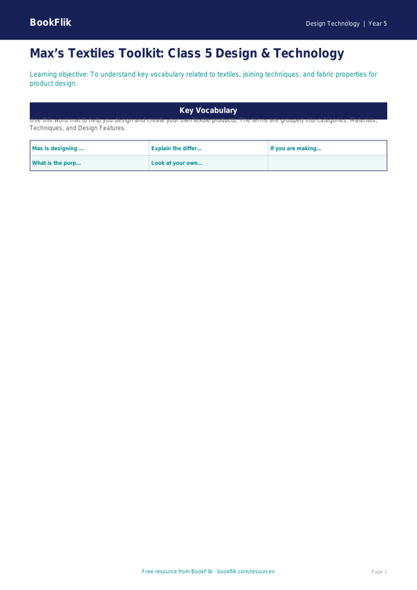 Free Textiles Word Mat | Class 5 | Design Technology | BookFlik worksheet preview — Design-Technology Textiles