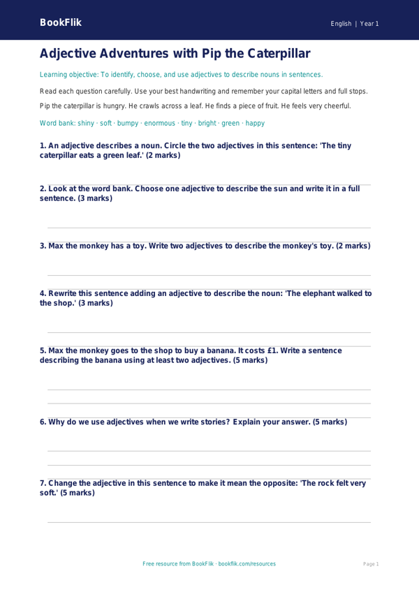 Free Adjectives Assessment | Class 1 | English | BookFlik worksheet preview — English Adjectives