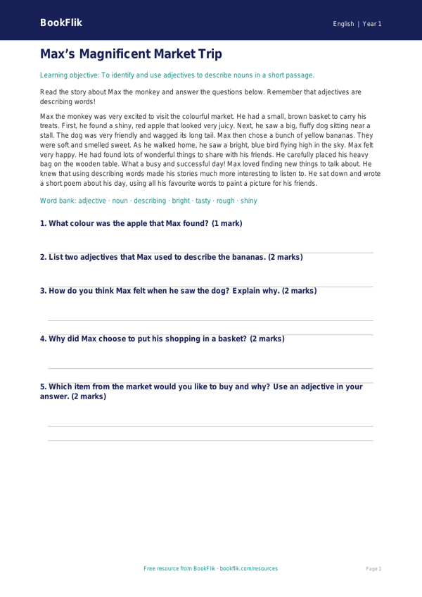 Free Adjectives Comprehension | Class 1 | English | BookFlik worksheet preview — English Adjectives