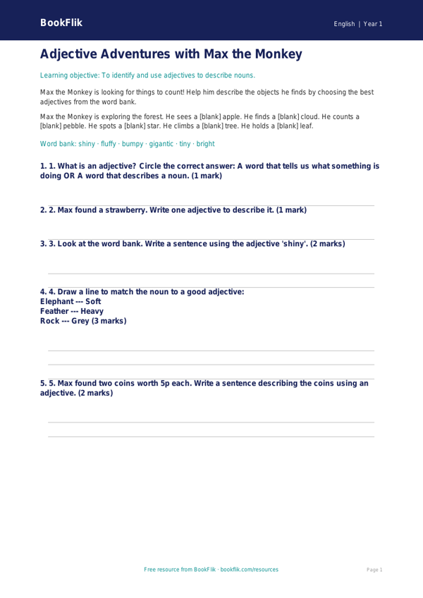 Free Adjectives Worksheet | Class 1 | English | BookFlik worksheet preview — English Adjectives