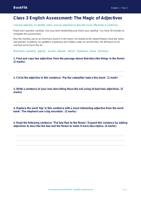 Adjectives Assessment for Class 3 | CBSE English Worksheet | BookFlik worksheet preview — English Adjectives