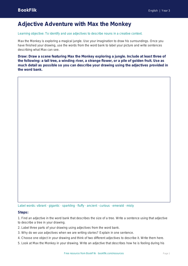 Free Adjectives Drawing Sheet | Class 3 | English | BookFlik worksheet preview — English Adjectives