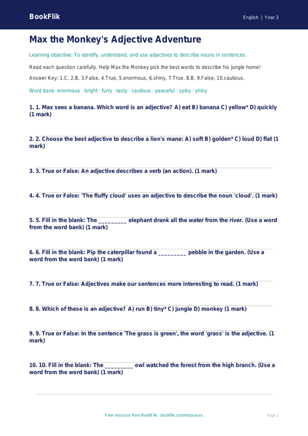 Free Adjectives Quiz for Class 3 | CBSE English Grammar | BookFlik worksheet preview — English Adjectives