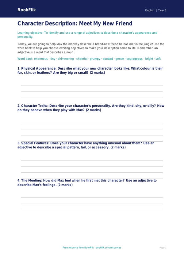 Free Adjectives Template | Class 3 | English | BookFlik worksheet preview — English Adjectives