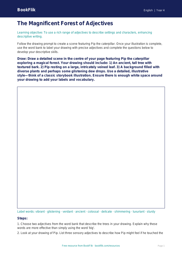 Free Adjectives Drawing Sheet | Class 4 | English | BookFlik worksheet preview — English Adjectives
