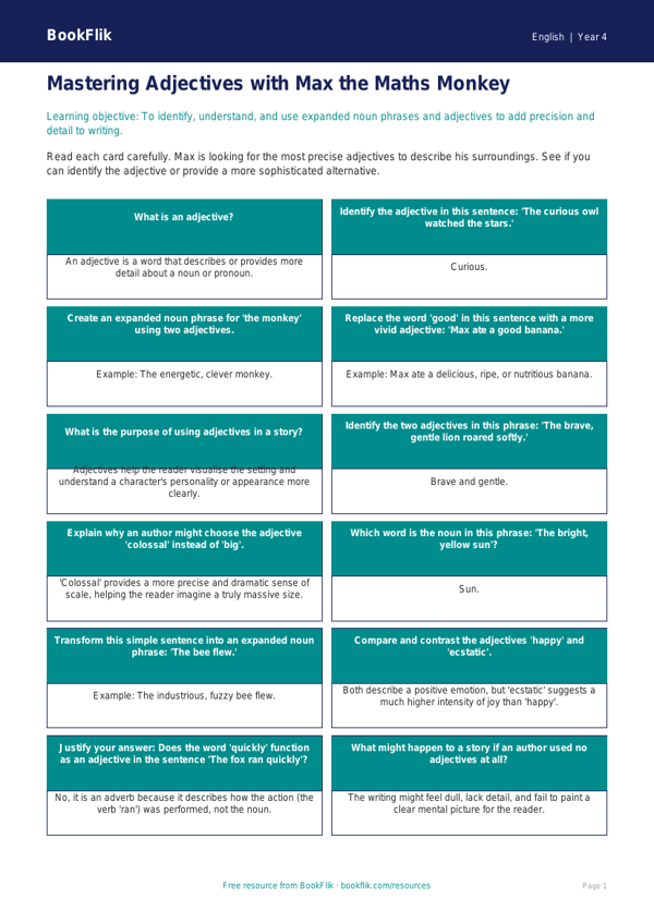 Free Adjectives Flashcards | Class 4 | English | BookFlik worksheet preview — English Adjectives