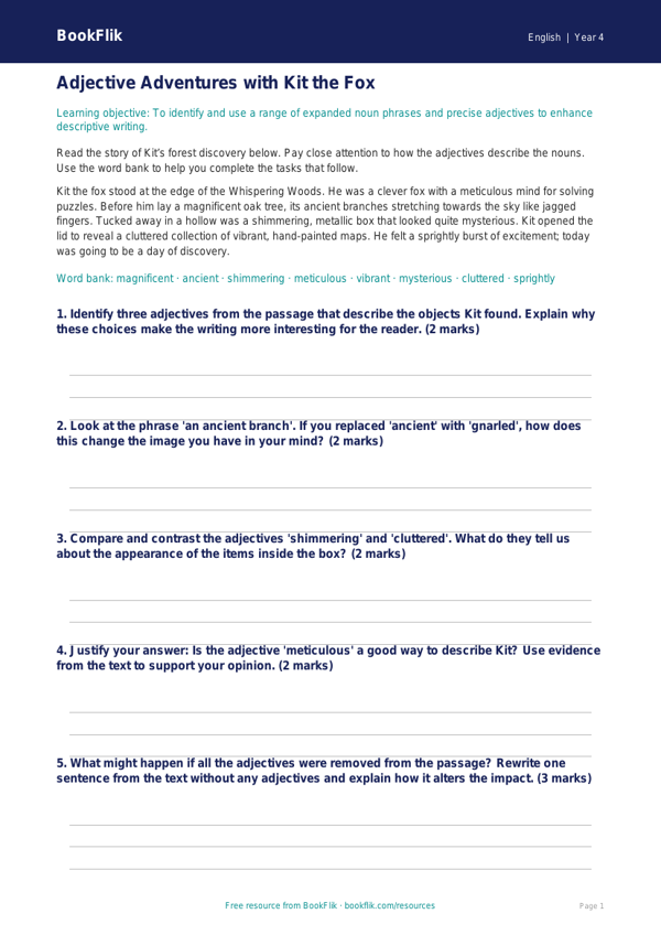 English adjectives track sheet class 4 greater depth worksheet preview — English Adjectives