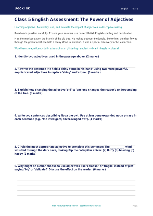 Free Adjectives Assessment | Class 5 | English | BookFlik worksheet preview — English Adjectives